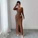 European And American Cross-Border 2025 Autumn Winter New Irregular Neck Solid Color Knitted Texture Long Dress_ecoleips.com
