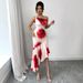 Women's Clothing Elegant Asymmetric Fitted Hibiscus Floral Positioning Print Dress_ecoleips.com