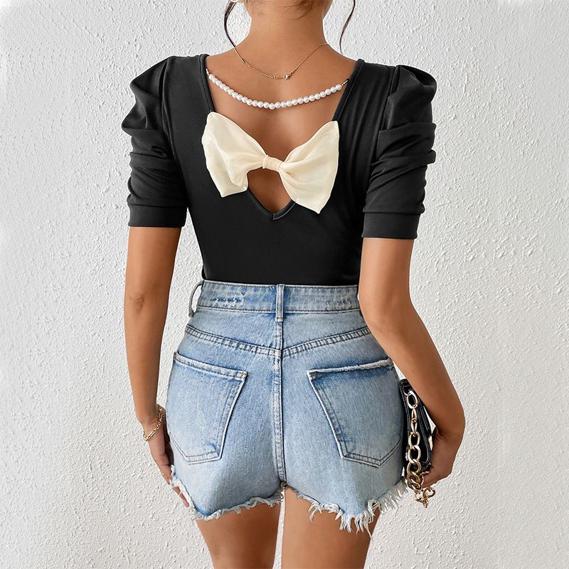 Summer Women's Bubble Short Sleeve T-Shirt Bowknot Top European American Style All Match Pullover Fashion Tees_ecoleips.com