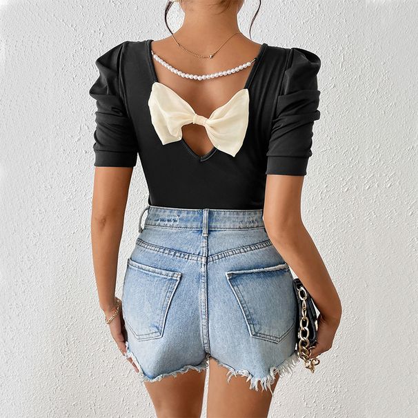 Summer Women's Bubble Short Sleeve T-Shirt Bowknot Top European American Style All Match Pullover Fashion Tees_ecoleips.com