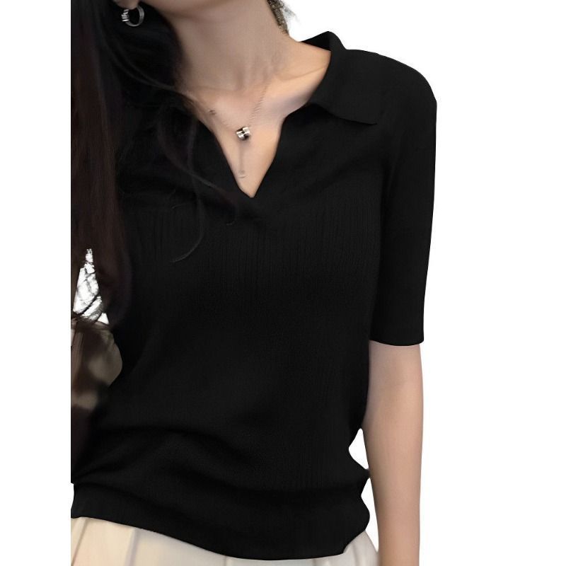 2026 New Black V-neck Short-sleeved Polo Shirt Women's Summer Slim-fitting And Thin Shoulder T-shirt High-end Half-sleeved Top_ecoleips.com