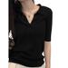 2026 New Black V-neck Short-sleeved Polo Shirt Women's Summer Slim-fitting And Thin Shoulder T-shirt High-end Half-sleeved Top_ecoleips.com