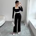Women's Elegant Long Sleeve Square Neck Jumpsuit Contrast Panel Detail Slim Fit for Spring And Fall_ecoleips.com
