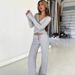 Winter Women's Two Piece Set Sweet Comfortable Solid Color Deep V Neck Lace Up Top With Drawstring Straight Leg Pants Asymmetrical Design_ecoleips.com