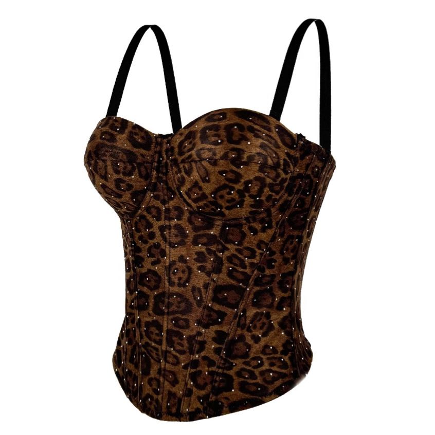 Women's Clothing Golden Brown Leopard Suede Short Vest Camisole Inner Wear Can Be Worn Outside Elastic Gathered Fishbone Body Shaping Bra_ecoleips.com
