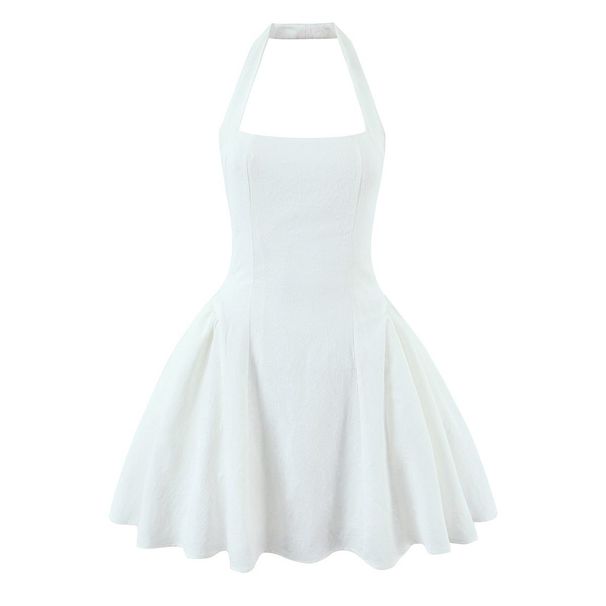 French Retro Halter Neck Backless Waist Cinched Flared A-Line Mini Dress Women Summer Elegant Short Dress_ecoleips.com