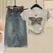Women's Clothing Summer Tie Dye Denim Butterfly Embroidered Short Sleeves With Retro Denim Midi Skirt_ecoleips.com
