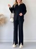 Spring Women's Pure Color Knit Set With Zipper, High Neck, And Striped Design-Two-Piece Home Wear Set_ecoleips.com