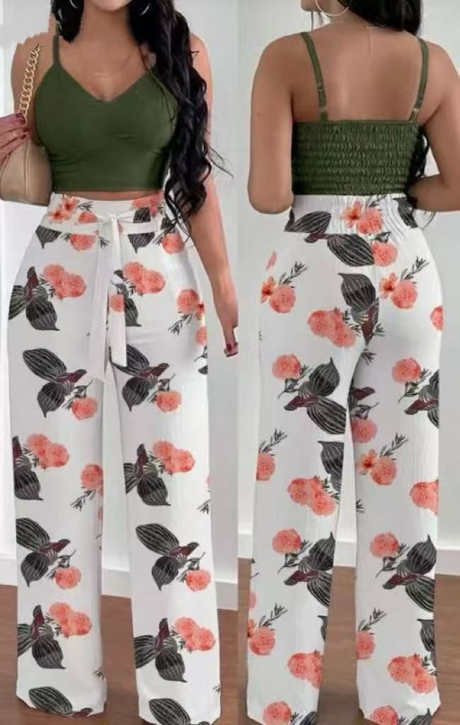 Women's Thin Strapped Elastic Vest Top Wide Leg Drawstring Trousers Set_ecoleips.com