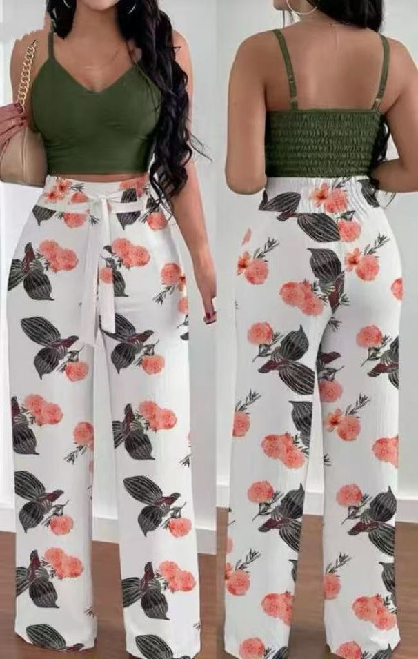 Women's Thin Strapped Elastic Vest Top Wide Leg Drawstring Trousers Set_ecoleips.com