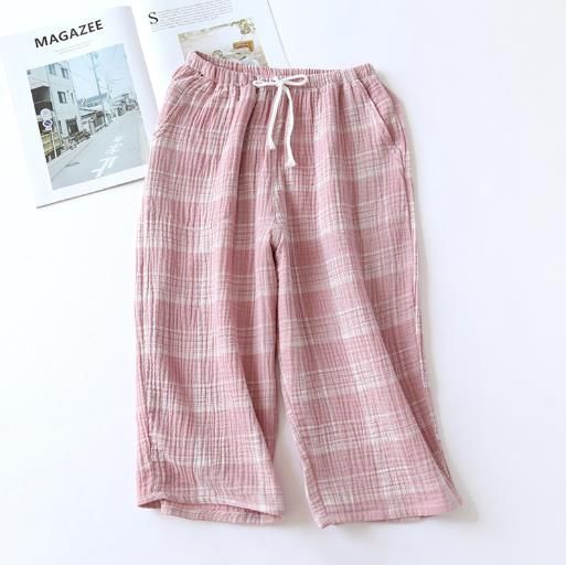 Loose Sleepwear Pant Summer Cropped Trousers Fashion Plaid Lounge Wear Pajama Pants Large Size Cotton Gauze Ladies Home Pant_ecoleips.com
