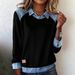 Women's Denim-Collar Knit Top – Long Sleeve Contrast Panel Pullover Sweater (7 Colors, Plus Size 3XL)_ecoleips.com