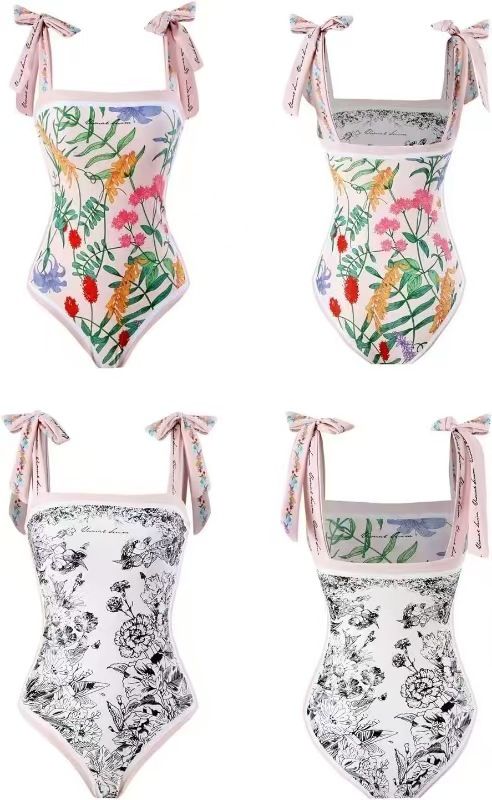 Retro Floral One-Piece Bandeau Tie Strapless Summer Swimsuit Double-Sided Reversible Swimwear Lined Beach Bathing Suit_ecoleips.com