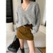 French-Inspired Soft Yarn V-Neck Sweater – Flattering Loose Fit, Lightweight & Breathable (One Size, Blue/Grey/Beige/Brown)_ecoleips.com
