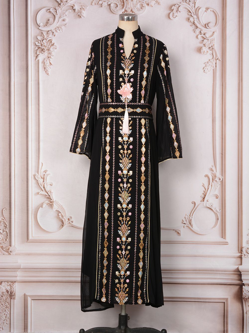 Women's Clothing Modest Evening Dress Sequin Pendant Dubai Abaya Dress – Elegant Beaded Evening Gown With Long Sleeves (Apricot/Blue/Black)_ecoleips.com