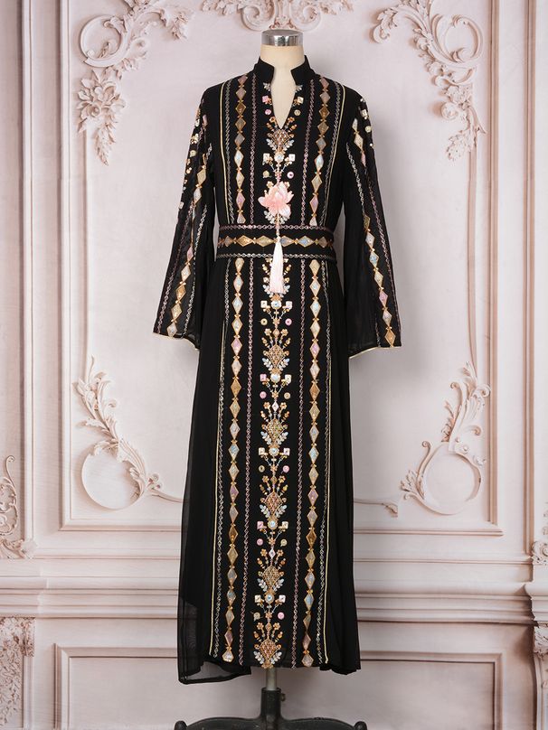 Women's Clothing Modest Evening Dress Sequin Pendant Dubai Abaya Dress – Elegant Beaded Evening Gown With Long Sleeves (Apricot/Blue/Black)_ecoleips.com