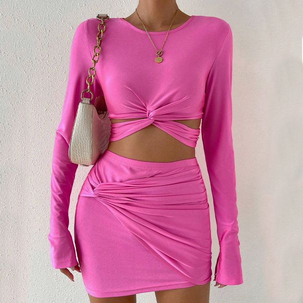 Voya Women's 2026 Autumn/Winter New Short Long Sleeve T-shirt Elastic Waist Bag Hip Short Skirt Set_ecoleips.com