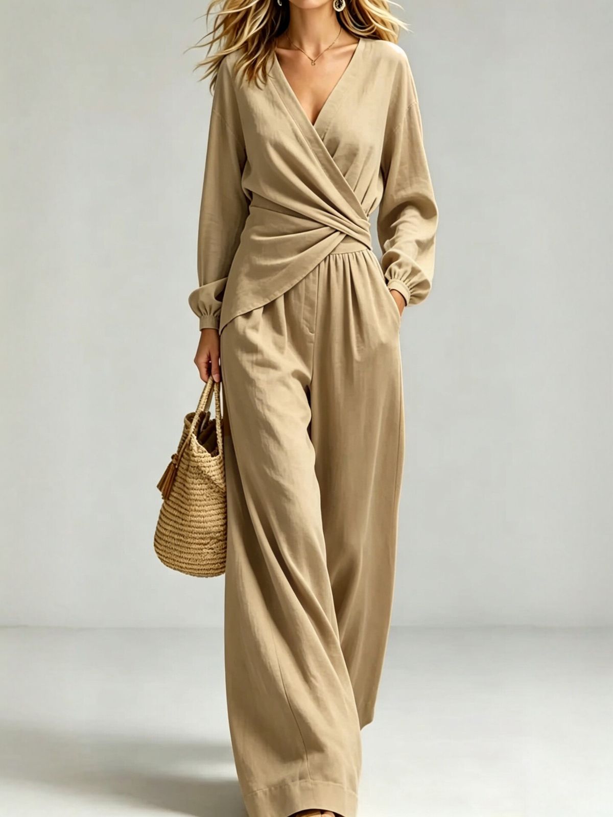 Women's Fashion V Neck Top And Wide Leg Pants Set Solid Color Long Sleeve Autumn Winter Outfit European American Style_ecoleips.com