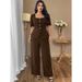 Large Size Women's Clothing Solid Color Square Neck Waist Top Straight Trousers Set Bubble Sleeve Top Drape Wide Leg Pants_ecoleips.com