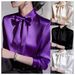Summer Elegant Bow Tie Collar Long Sleeved Shirt for Women Versatile Stylish Blouse Regular Fit Polyester England Style Fashion_ecoleips.com