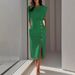 2025 European And American Women's Clothing Round Neck Sleeveless Buttoned Slit Solid Color Long Dress_ecoleips.com