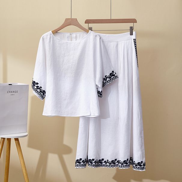 Italy LP Summer New Shirt Loose Heavy Embroidery Linen Skirt Short Sleeve Versatile Two-Piece Set For Women_ecoleips.com