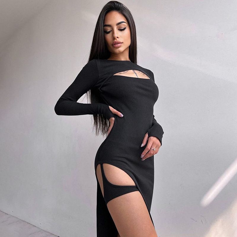 Elegant Sexy Hollowed out round Neck Slit Dress European American Style Summer New 2025 Cross Border E Commerce Women's Clothing_ecoleips.com