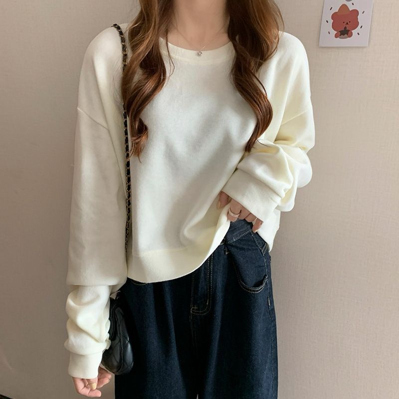 Autumn Korean Version Simple Solid Color Loose Short Long Sleeve Crew Neck Sweatshirt Female Student Top Wholesale_ecoleips.com