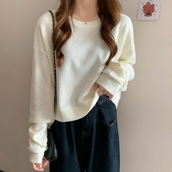 Autumn Korean Version Simple Solid Color Loose Short Long Sleeve Crew Neck Sweatshirt Female Student Top Wholesale_ecoleips.com