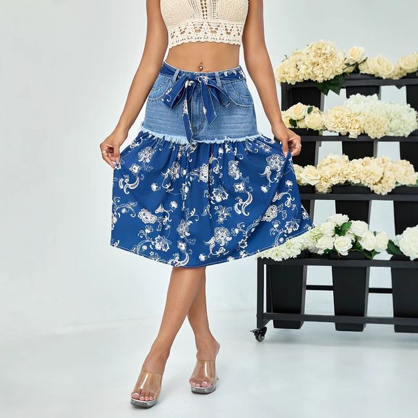 Women's Lace-Up Denim Patchwork Chiffon Flared Bohemian Floral Umbrella Skirt_ecoleips.com
