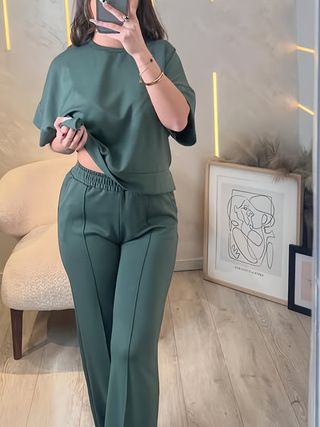 Women's Casual Solid Color Two Piece Set Round Neck Short Sleeved Top And High Waisted Straight Leg Pants Style Autumn Trend_ecoleips.com