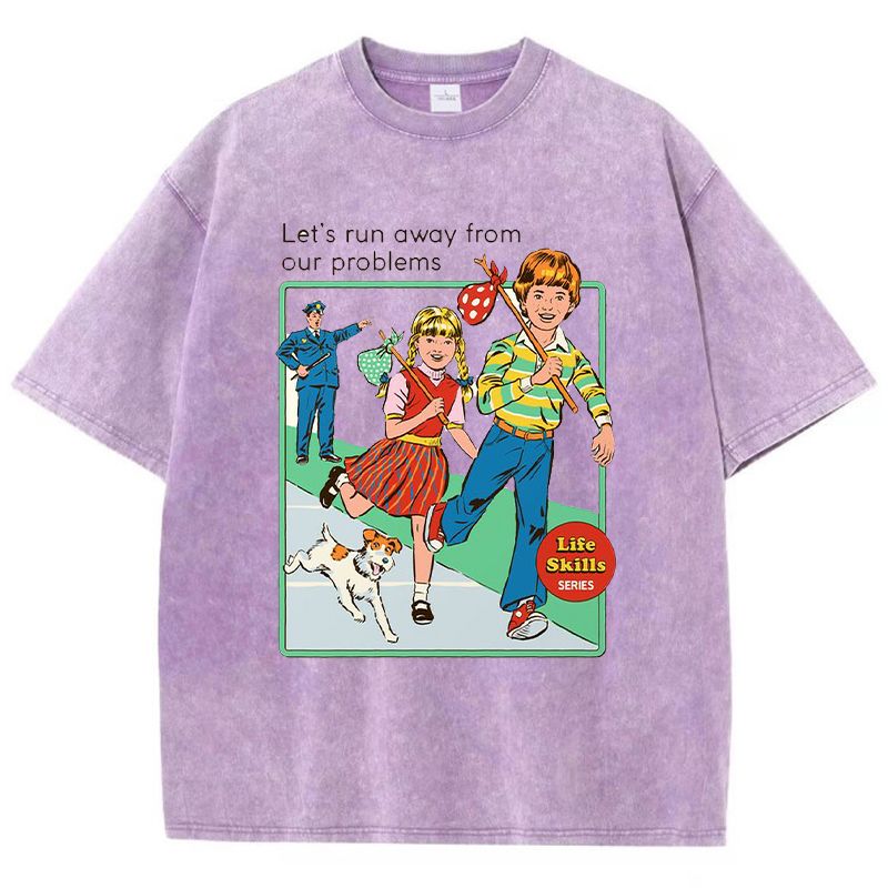 Let' Run Away From Our Problems Print Women Distress Tshirts Summer Fashion Washed T-Shirt Breathable Tee Shirts Soft Clothes_ecoleips.com