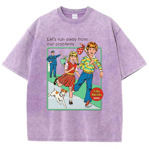 Let' Run Away From Our Problems Print Women Distress Tshirts Summer Fashion Washed T-Shirt Breathable Tee Shirts Soft Clothes_ecoleips.com