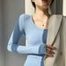 2025 High Elasticity Cotton U-Neck Base Shirt Women's Long Sleeved T-Shirt 2025 Autumn And Winter New Round Neck Sexy Slim_ecoleips.com