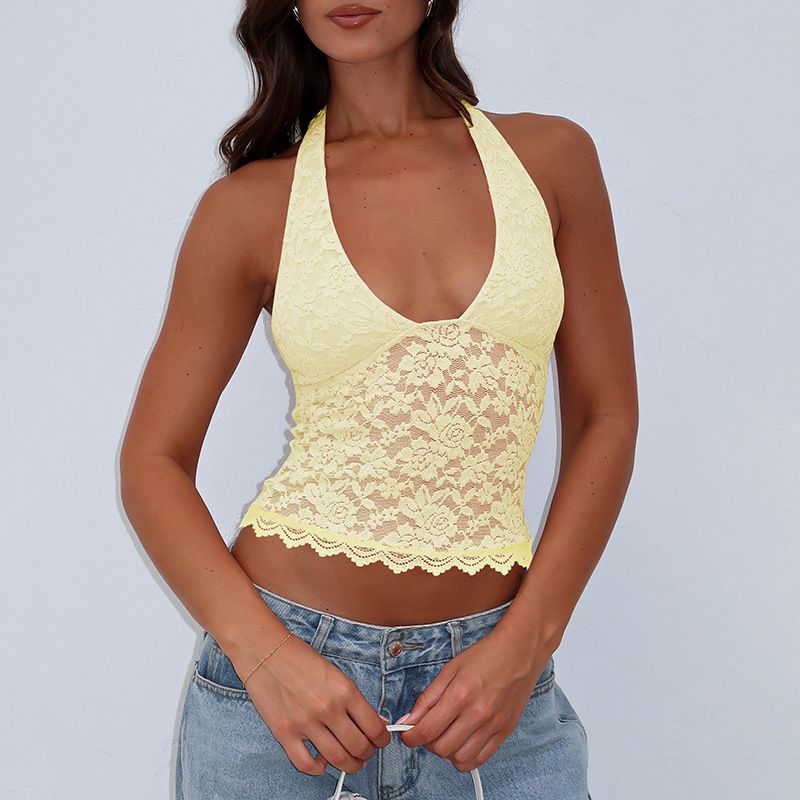 Women's Clothing Winter New Hot Girl Hollow Lace Slim Sexy Small Vest Versatile Halter Neck Top_ecoleips.com