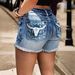 European And American Cross-Border Trade 2024 Summer Retro Bull Head Embroidery Distressed Frayed Edge Slim Shorts Denim_ecoleips.com