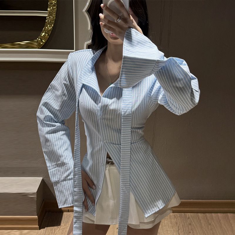 Trendy Striped Shirt For Women – Long Sleeve Button-Down Blouse With Flirty Collar (Pink/Blue, S-2xl)_ecoleips.com