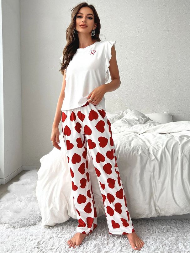 Women White Ruffle Sleeve Top Heart Print Long Pants Pajama Set Summer Soft Sleepwear Two Piece Lounge Wear Cute Nightwear_ecoleips.com