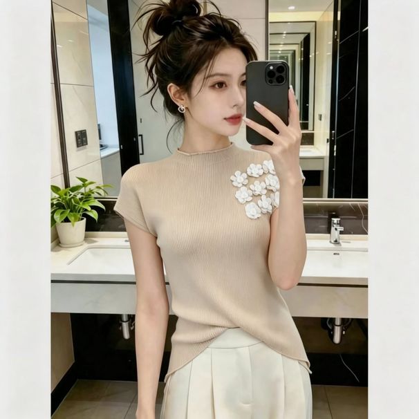 Three-dimensional Floral Short-sleeve Knit Women, 2026 New Korean Style, Summer Light Luxury, Versatile, Slimming,_ecoleips.com