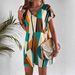 Women's Casual Elegant V-Neck Dress Geometric Print Flowy A-Line Midi Short Sleeve Dress for Vacation Elegant Style_ecoleips.com