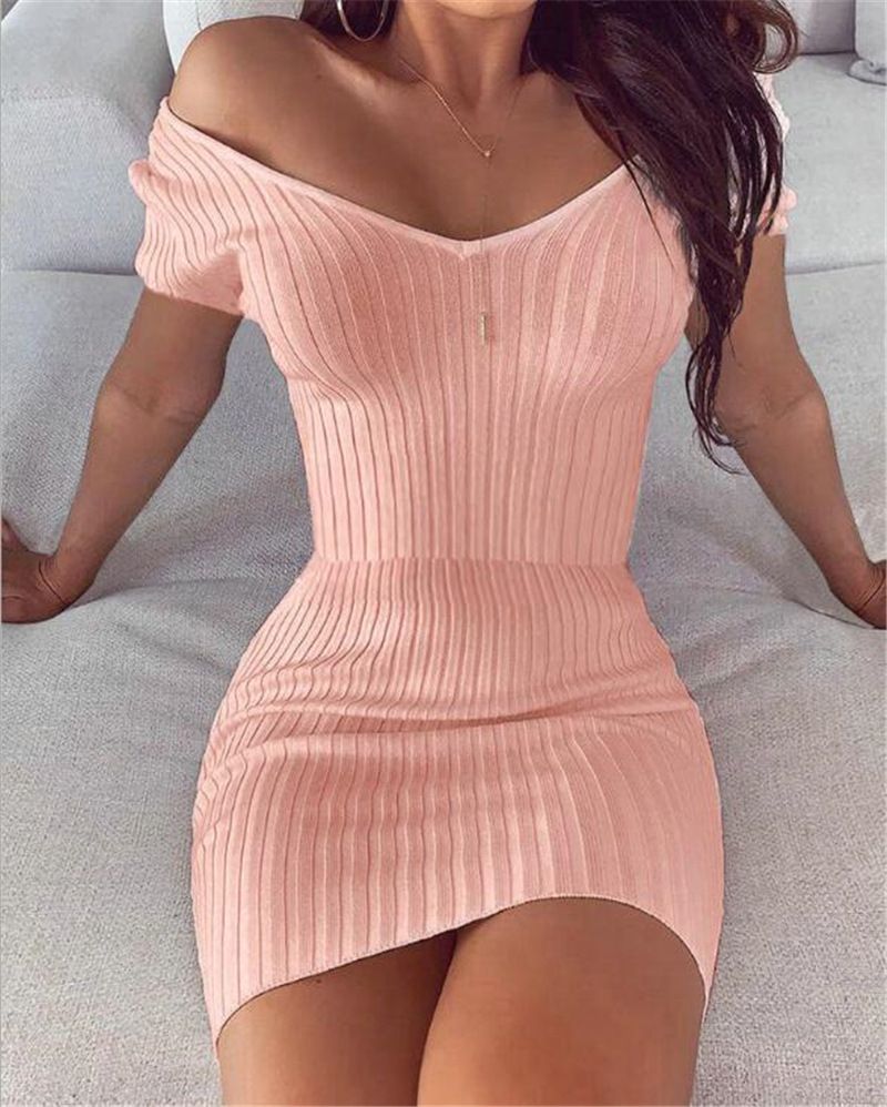 Women’s V-Neck Ribbed Bodycon Dress – Stretchy Polyester-Spandex Blend, Slim Fit, White/Pink/Wine (S-5XL, Elegant & Sexy)_ecoleips.com