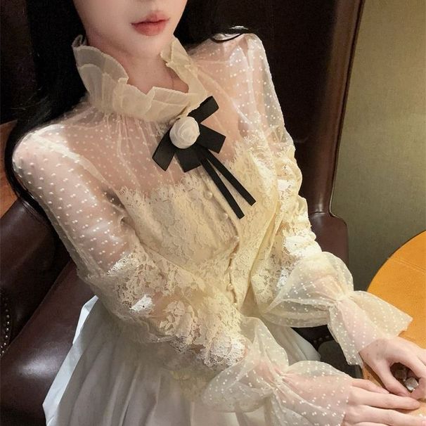 French-style Ruffled Chiffon Lace Blouse For Women, Spring Collection, Elegant And Sweet, Waist-cinching, Slimming, New_ecoleips.com