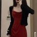 Little Mom Style Elegant Mid-Length Waist-Cinching Ruched Slimming Strap Dress Black Cardigan Two-Piece Set_ecoleips.com