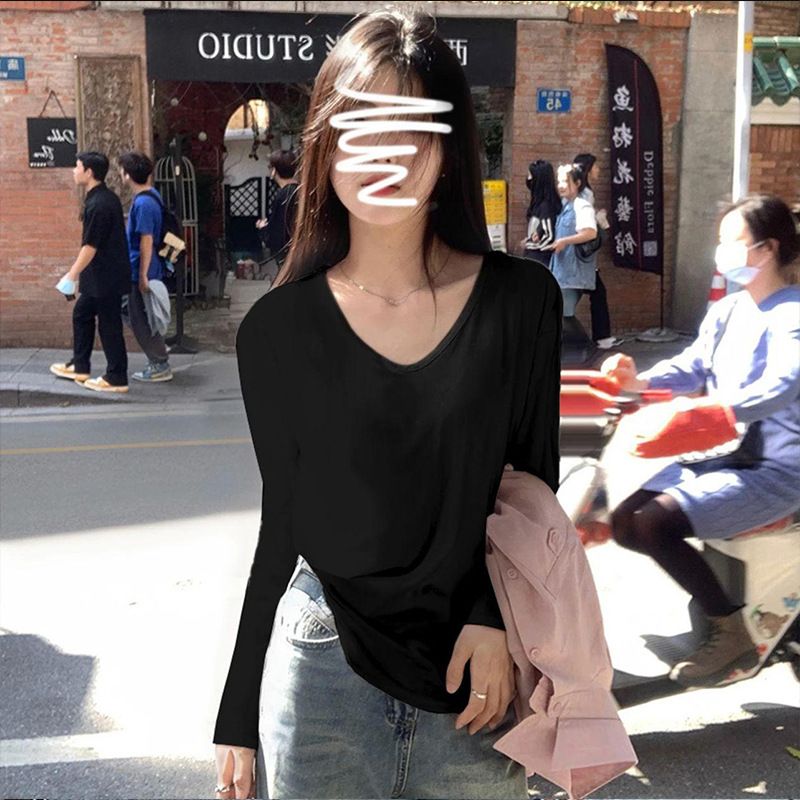 White Long-Sleeve Base Shirt T-Shirt For Women, Spring/Autumn 2026, V-Neck Design, Loose, Slimming, Versatile Thin Top_ecoleips.com