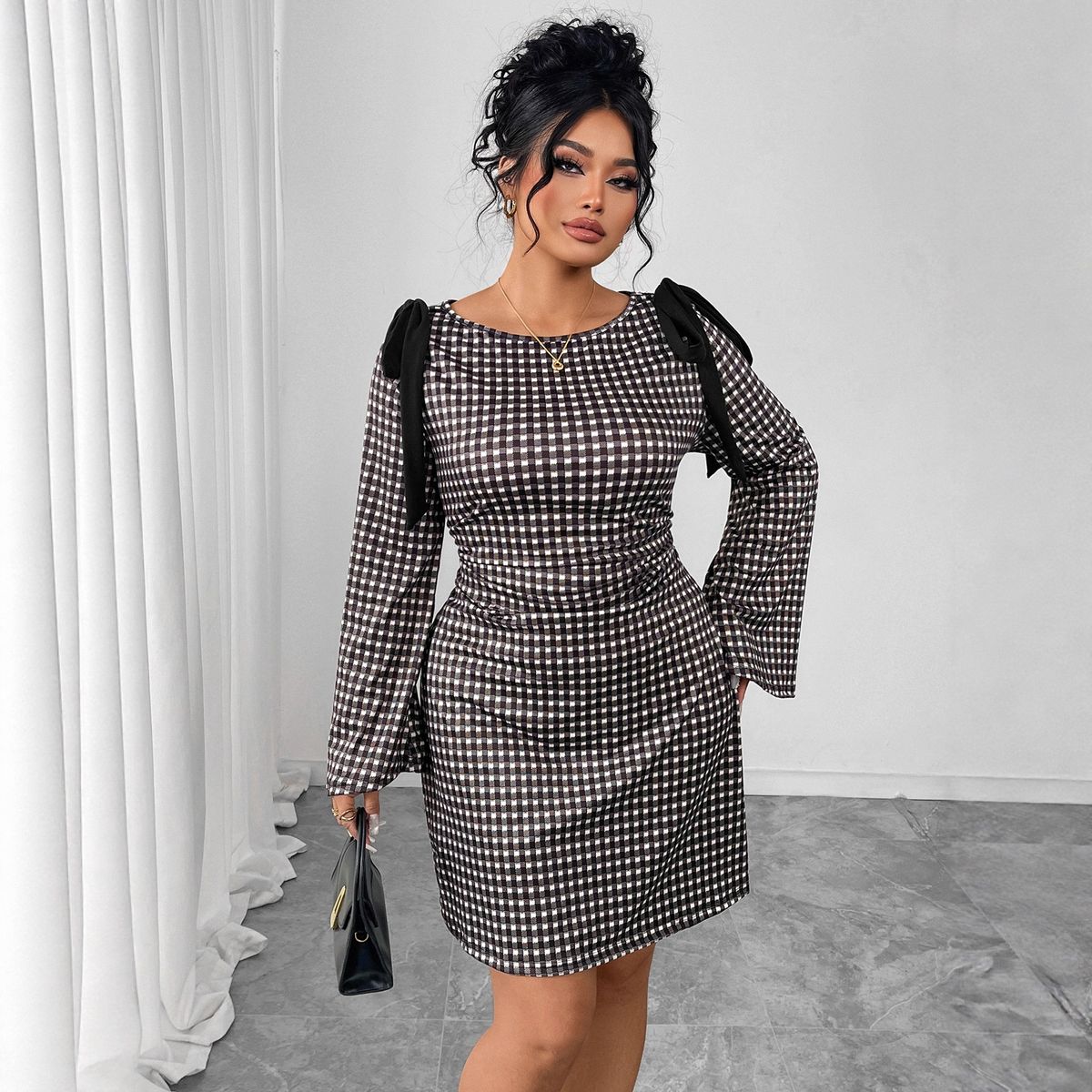 Women's Clothing Plus Size Clothes Elegant Plus Size Long Sleeve Dress With Bow & Plaid Design – Flared Sleeves, Round Neck, Slim Fit For Women_ecoleips.com