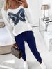 Women’s Clothing Spring and Summer New Casual Contrast Off shoulder Denim Butterfly Decorated Long sleeved Top Color blocked Pants Two piece Set_ecoleips.com