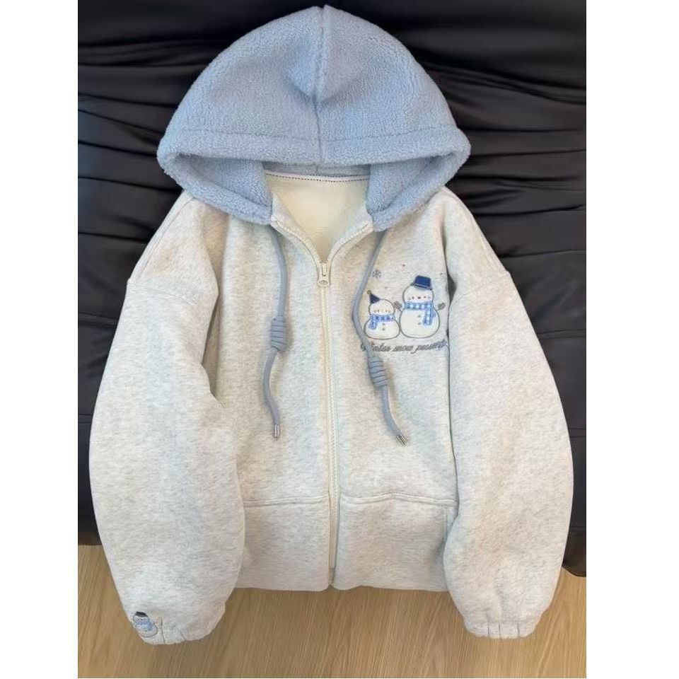 Korean-style Retro Embroidered Snowman Fleece-lined Hooded Cardigan Sweatshirt For Women, Autumn And Winter, High-end,_ecoleips.com
