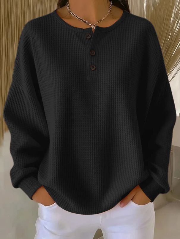 Women's Round Neck Waffle Knit Pullover Loose Top Solid Color Fashion T-Shirt Foreign Trade 2025 Autumn Winter New_ecoleips.com