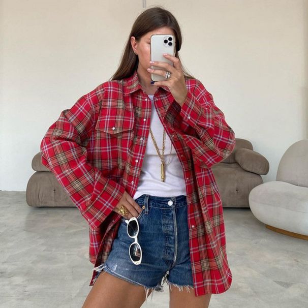 Laid-Back Spring Style: A Versatile Plaid Shirt With Turned-Down Collar For Work And Casual Wear_ecoleips.com