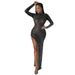 9271 European And American Cross-Border Foreign Trade Fashion Long High Slit Solid Color Mesh Rhinestone_ecoleips.com